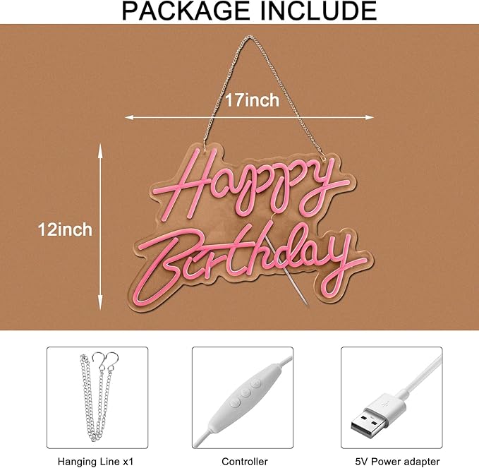 Happy Birthday Neon Sign for Wall Decor, with Dimmable Switch, Reusable Happy Birthday Neon Light Signs for All Birthday Party Decoration(17X12inches,Pink)