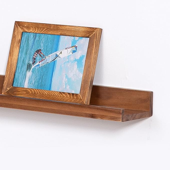 MBYD 48 Inch Wood Photo Picture Ledge Shelf, Light Walnut Wall Floating Nursery Book Shelves, Wall Mount Hanging Display Shelves for Bedroom Office Bathroom Living Room Décor, 3 Same Sizes