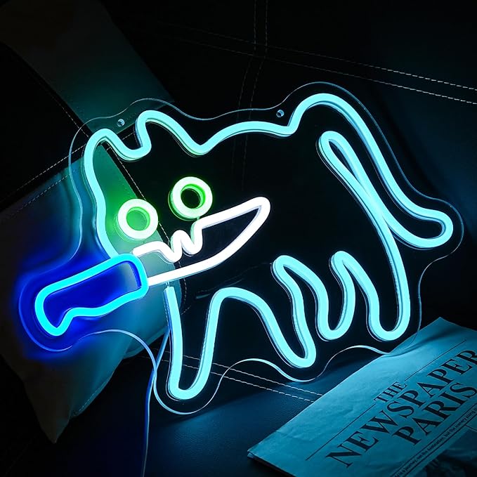 Cat Neon Sign for Wall Decor, Knife Cat Neon Light,Blue Cautiously Cat LED Neon Light for Bedroom Zoo Cat Cafe Cat House Store Home Men Cave Home Bar Decoration(16.9"*12.4")