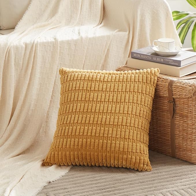 Fancy Homi 4 Packs Mustard Yellow Decorative Throw Pillow Covers 20x20 Inch for Living Room Couch Bed Sofa, Rustic Farmhouse Boho Home Decor, Soft Plush Striped Corduroy Square Cushion Case 50x50 cm