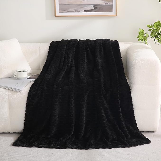 Puncuntex Black Throw Blanket 50"×60" inches Fuzzy 3D Jacquard Decorative Flannel Fleece Super Soft Plush Cozy Blanket for Couch Sofa Chair Lightweight