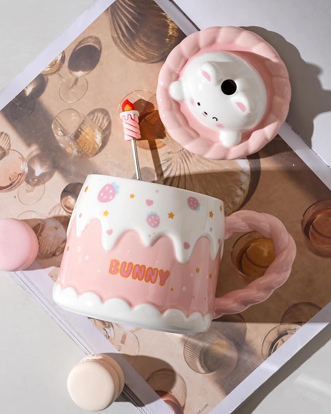 Adorable Cake Ceramic Coffee Mug - Elegant Birthday Gift for Women and Girl, Cute Rabbit Cup with Sweet Design, Perfect Present for Her Daily Tea & Coffee(Model A)