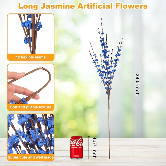5 Pcs 29.5" Long Jasmine Artificial Blue Flowers Fake Jasmine Flowers Bouquet for DIY Floral Art Plant Home Office Wedding Table Centerpieces Party Vase Decoration