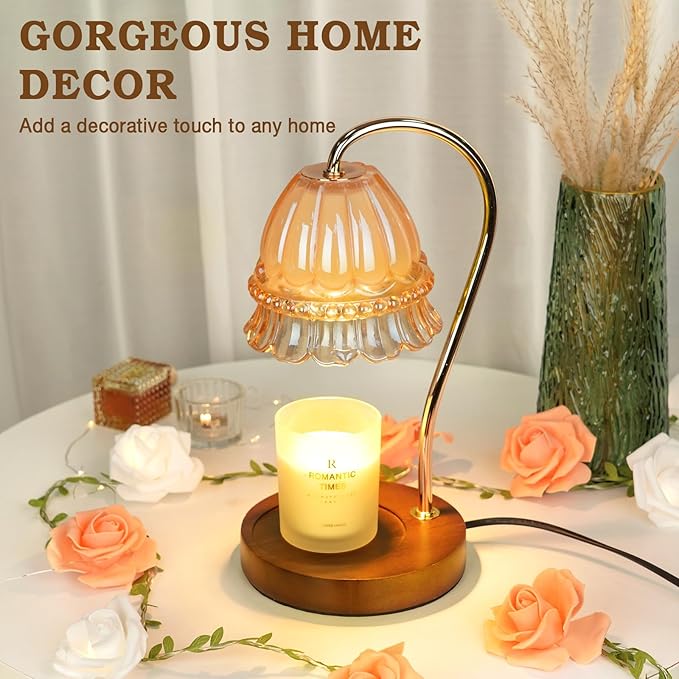 Glass Candle Warmer Lamp with Timer, Flower Candle Warmer Lamp, Birthday Gifts for Women, Mom, Female Friend, Candle Lamp Warmer Gifts, Electric Dimmable Candle Warmer, Vintage Home Decor, Amber