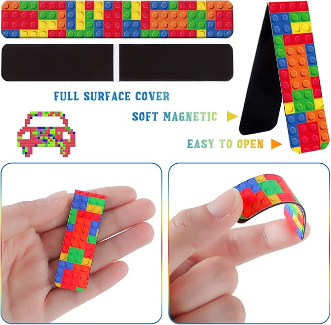 Leinuosen 36 Pcs Magnetic Bookmark, Funny Building Block Magnetic Bookmark for Kids, Boys Brick Page Book Marker Clip for Teacher, Double Sided Book Accessories for Book Lovers