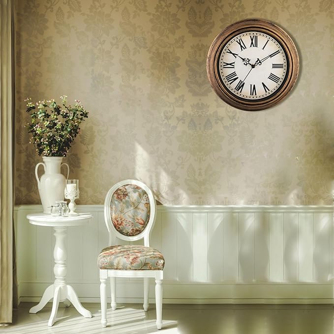 Plumeet Retro Wall Clock, 12'' Non Ticking Classic Silent Vintage Wall Clocks Decorative Kitchen Living Room Bedroom, Roman Numerals, Battery Operated