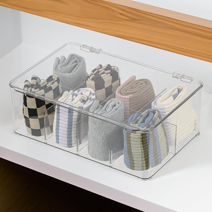Clear Tea Bag Organizer, Dresser Organizers Drawer Organzier Storage Container with Removable Dividers, Plastic Storage Bin with Lid, Organizer for Scarves Ties Bras