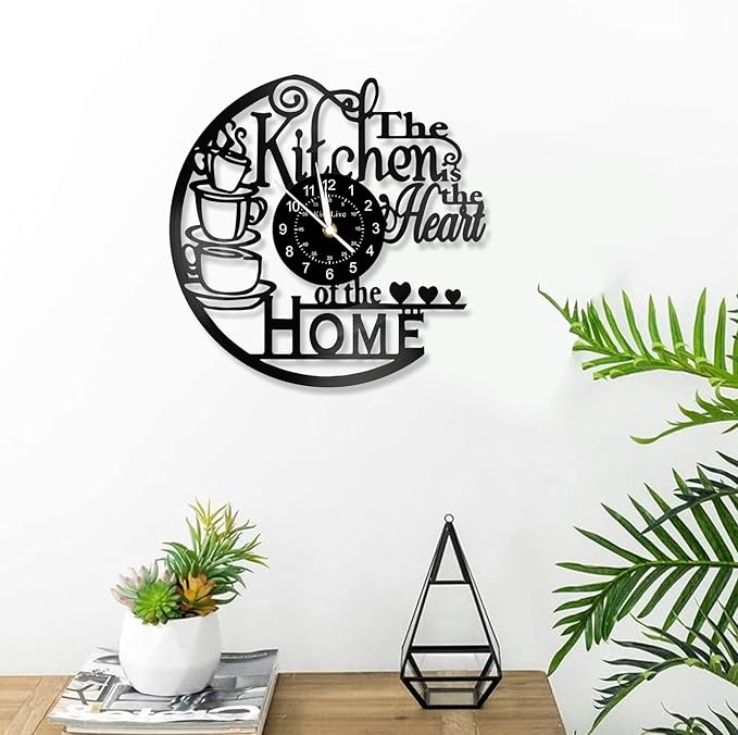 12 Inch Kitchen Vinyl Record Wall Clock, Kitchen Heat Home Theme Wall Clock, Coffee Bar Decor, Coffee Wall Decor for Office Living Room, for Women Wives, Black
