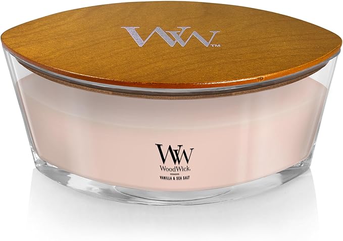 WoodWick Ellipse Scented Candle, Vanilla & Sea Salt Scent, Crackles as it Burns, Up to 50 Hours Burn Time, Premium Soy Blend, Perfect for Gifting, 16oz
