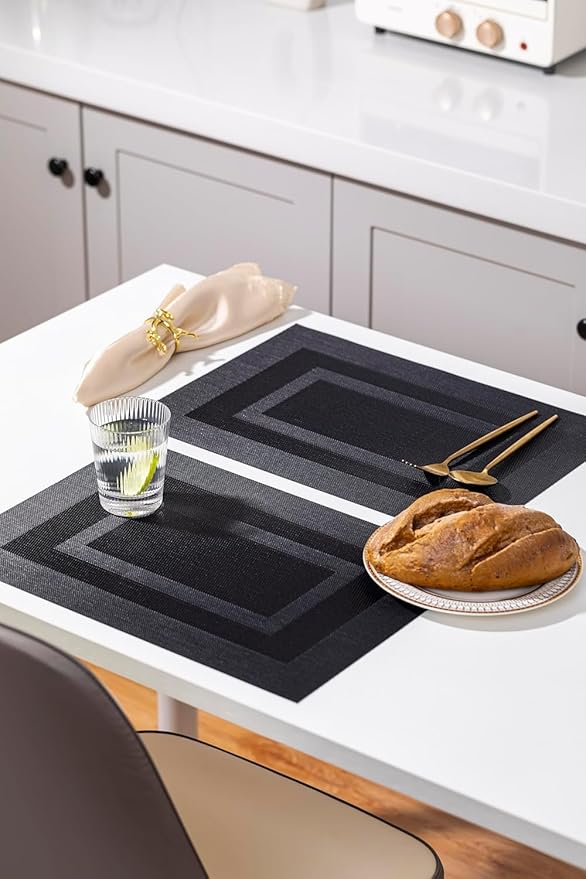 LEXMORE PlaceMats Set of 12 Vinyl/Plastic Woven Place Mats for Kitchen Table Indoor/Outdoor Washable PlaceMat Wipeable Dining Table Mats(Black Cube)