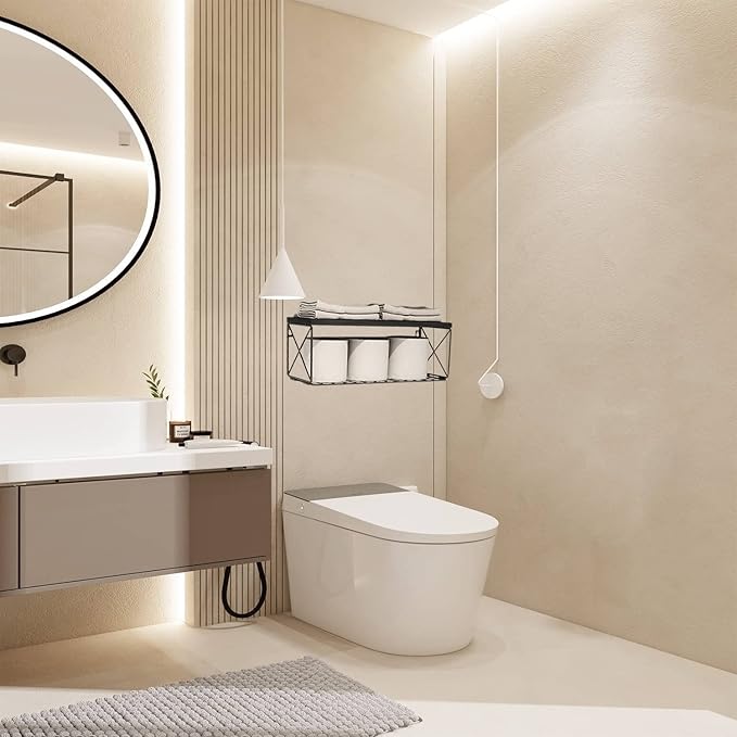 Bathroom Shelf with Wire Storage Basket, Floating Shelf Over Toilet with Protective Metal Guardrail, Wall Shelf for Bedroom, Living Room, Kitchen and Bathroom Toilet Paper