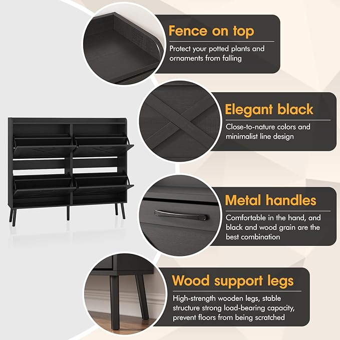Maupvit Large Shoe Storage Cabinet with 4 Flip Drawers, Narrow Shoe Cabinet for Entryway with Wooden Legs, Freestanding Hidden Shoe Rack Organizer & Metal Hinges, Black