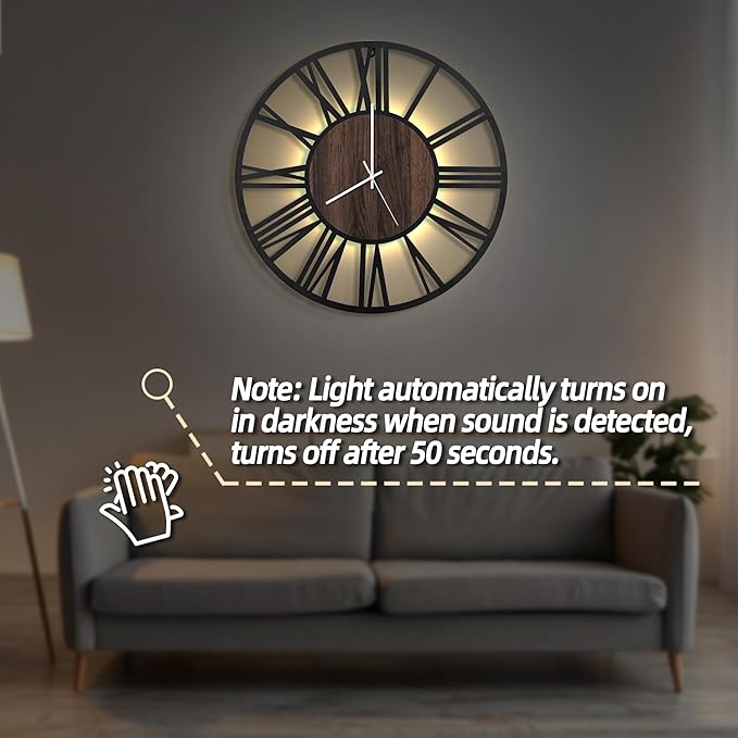 LEIKE Large Wall Clocks with Night Light Battery Operated,Silent Non Ticking,Rustic Modern Big Wood Clock for Living Room, Bedroom,Kitchen,Farmhouse,Office,Home Decor-24 Inch(Roman Numerals)