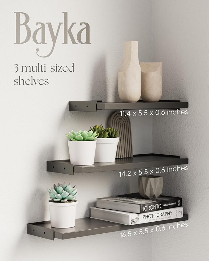 BAYKA Wall Shelves for Bedroom Decor, Floating Shelves for Wall Storage, Display Mounted Rustic Wood Shelf for Books,Plants,Corner Shelves for Bathroom,Kitchen,Living Room(Set of 4)