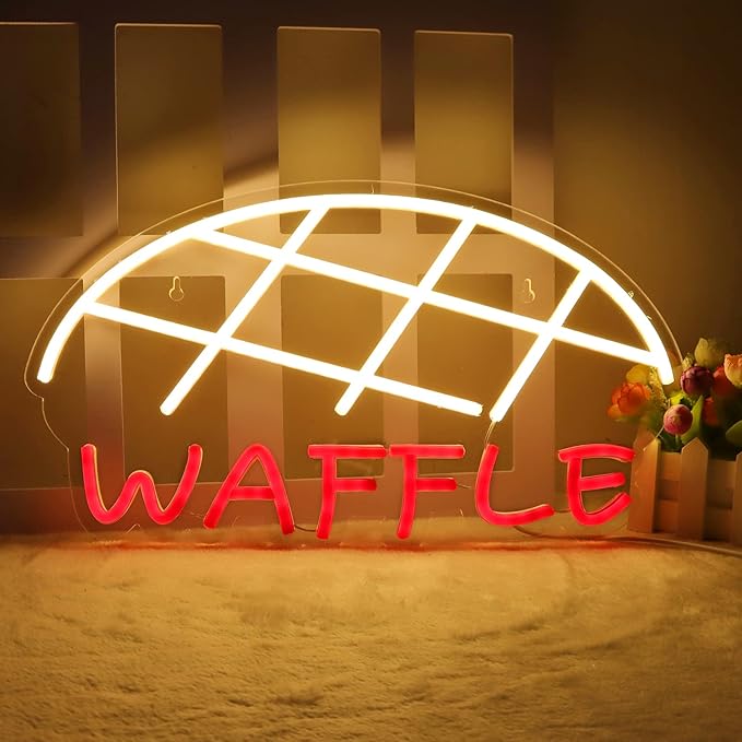JFLLamp Waffle Neon Signs for Wall Decor Neon Lights for Bedroom Led Business Signs Suitable for Cake Shop Bakery Supermarkets Stores Cookie House 5V Power Adapter, 16.2 * 9 Inch(Warm White + Red)