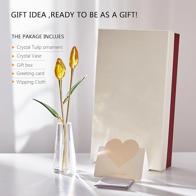 Crystal Tulip Figurine - Yellow Glass Flowers with Vase, Glass Flower Bouquet Collectible Office Home Decor Paperweight - Tulip Gifts for Women Mom Bestfriend Wedding Anniversary