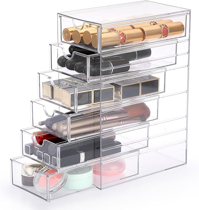 Hipiwe Plastic Drawer Organizer Clear Desktop Drawers Box with 6 Pull Out Drawer Compact Storage Box for Cabinet Vanity Bathroom Bedroom Pantry Shelf Office or Closet Organization