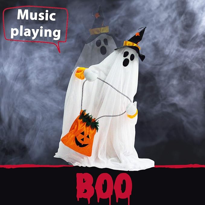Haunted Hill Farm Friendly Ghost Halloween Animatronic with Touch Activated Lights and Music, Battery Operated Indoor or Covered Outdoor Halloween Decorations, Cute and Modern Halloween Props for Home