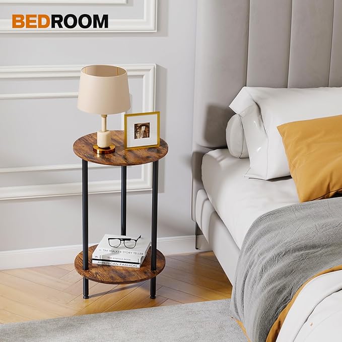 Round Side Table Set of 2, 2-Tier End Table, Small Round Nightstands with Storage Shelf, Modern Accent/Coffee/Bedside Table for Living Room, Bedroom-Brown