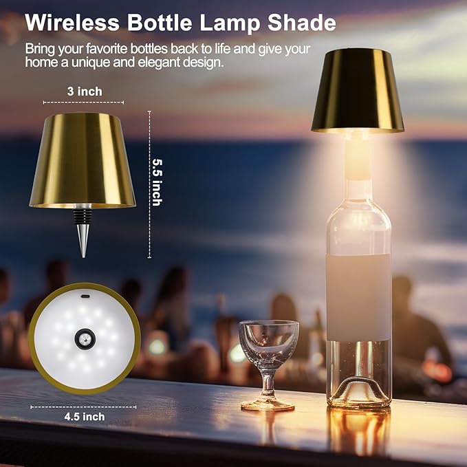 Wine Bottle Lamp, 2025 New 3 Color Rechargeable Wireless Bottle Lamp for Liquor Bottles with Touch Dimming for Parties, Restaurants & Home Decor (Gold)