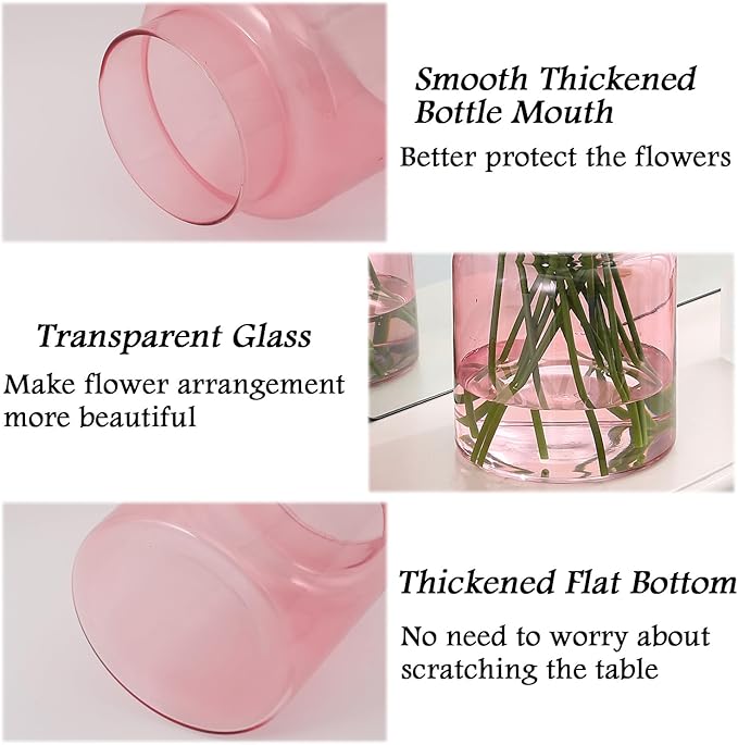 Large Glass Vase, 7 Inch Pink Glass Vase, Large Flower Vases for Bouquet, Wide Mouth Vases for Flowers, Home, Wedding, Living Room, Office Decor