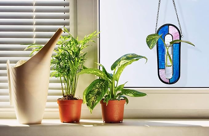 LITMIND Stained Glass Plant Propagation Station, Hanging Hydroponic Planter Terrarium with 2 Glass Tubes - Perfect for Home & Garden Décor