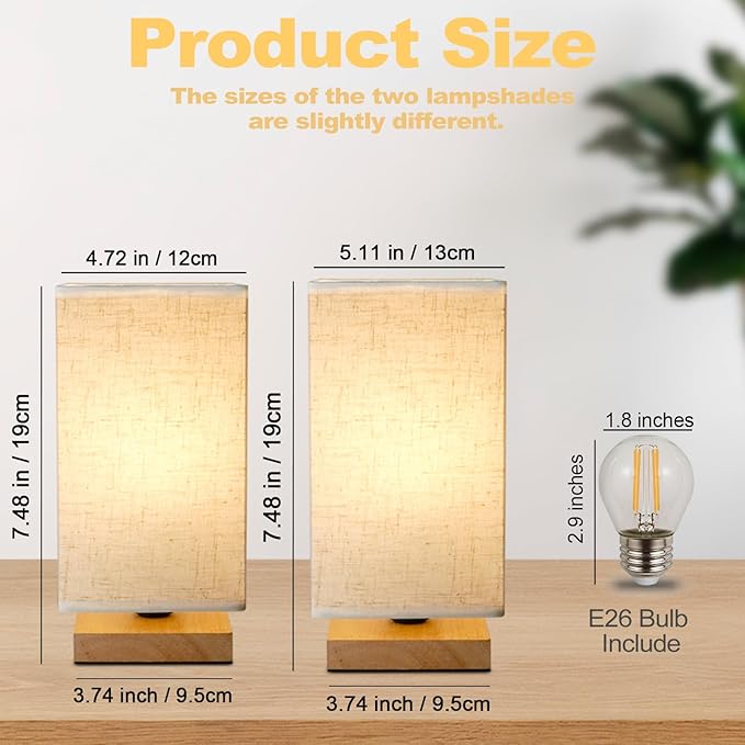 Small Square Bedside Table Lamp for Bedroom set of 2,Minimalist Wood Base & Round Fabric Shade,Mini Cute Cozy Warm Nightstand Boho Lamp, Study Desk Night Stand Light for Room,Dorm,Nursery,Living Room