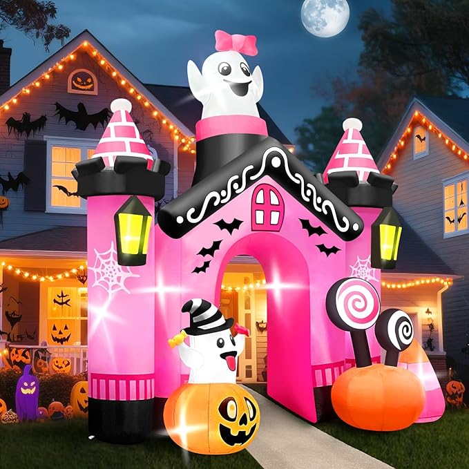 Kalolary 12 FT Halloween Inflatables Ghost Archway Outdoor Decorations, Pink Castle Arch Blow Up Yard Decorations Scary Inflatable with Build-in Lights for Yard Garden Lawn Indoor Outdoor Decor