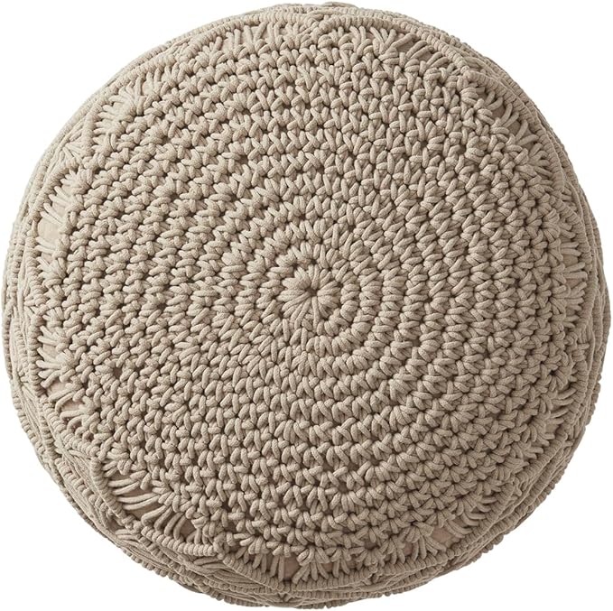 Ornavo Home Pouf Ottoman Foot Rest - 100% Cotton Pouffe - Hand Knitted Macrame Braid - Boho Round Stuffed Ottoman for Living Room, Bedroom - Beige