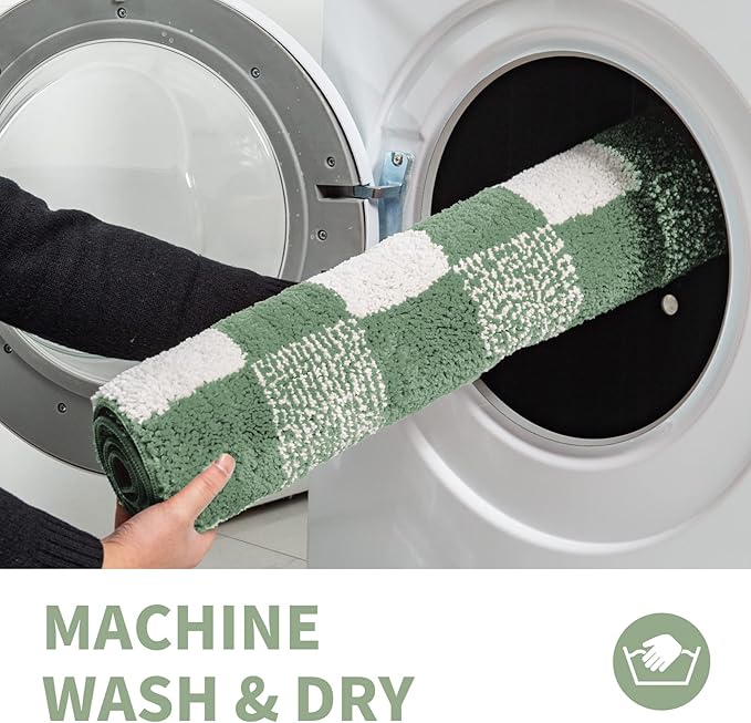 CozeCube Checkered Bath mats for Bathroom Non Slip, Fluffy Absorbent Microfiber Bath mat Washable, Aesthetic Bathroom Rugs, Cute Bath mat for Shower Sink, Sage Green, 24" x 16