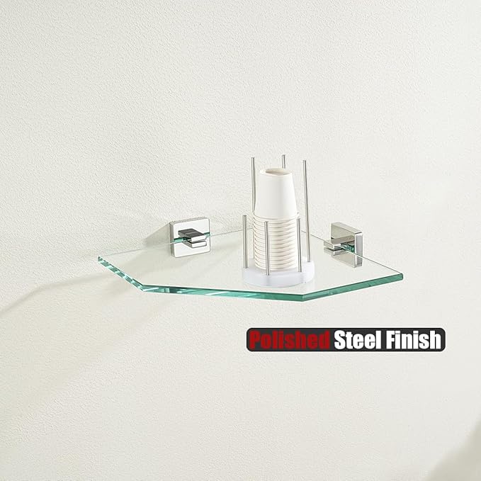 JQK Corner Glass Shelf, Polished Chrome Bathroom 304 Stainless Steel Shower Triangle Floating Wall Shelf, 10 x 10 Tempered Glass, 2 Pack, TGS290L10-CH-P2
