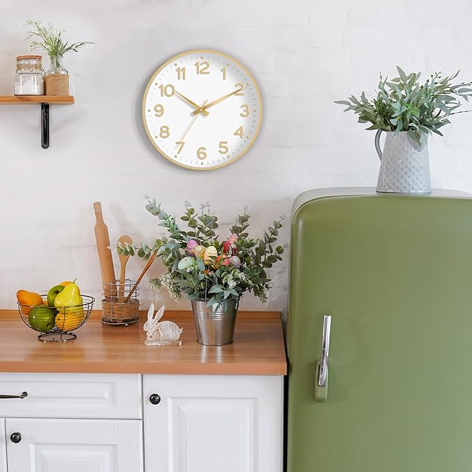 Wall Clock, 10 Inch Silent Wall Clocks Battery Operated-Modern Non Ticking Analog Clock Decorative for Kitchen Bedroom Office Bathroom(White Gold)