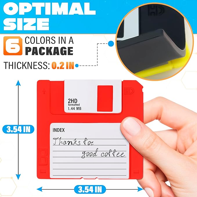 6 Pcs Floppy Disk Coaster - 6 Bright Colors Pack of 3.54x3.54x0.2 Funny Coasters for Adults Made of Durable, Flexible, Waterproof Silicone Suited for Marker Inscriptions - Cute 90s Nostalgia Gifts