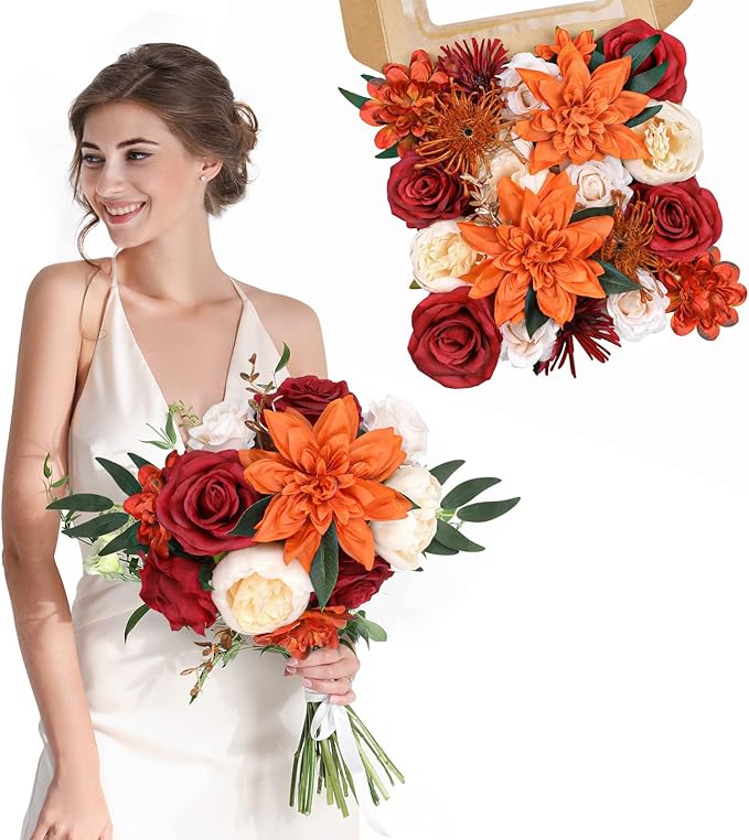 AmyHomie Orange Artificial Flowers Combo Silk Mix Peony Rose Hydrangea Fake Flowers w/Stem for DIY Wedding Bouquets Centerpieces Arrangements Table Fall Decor Party Bridal Baby Shower Home Decorations