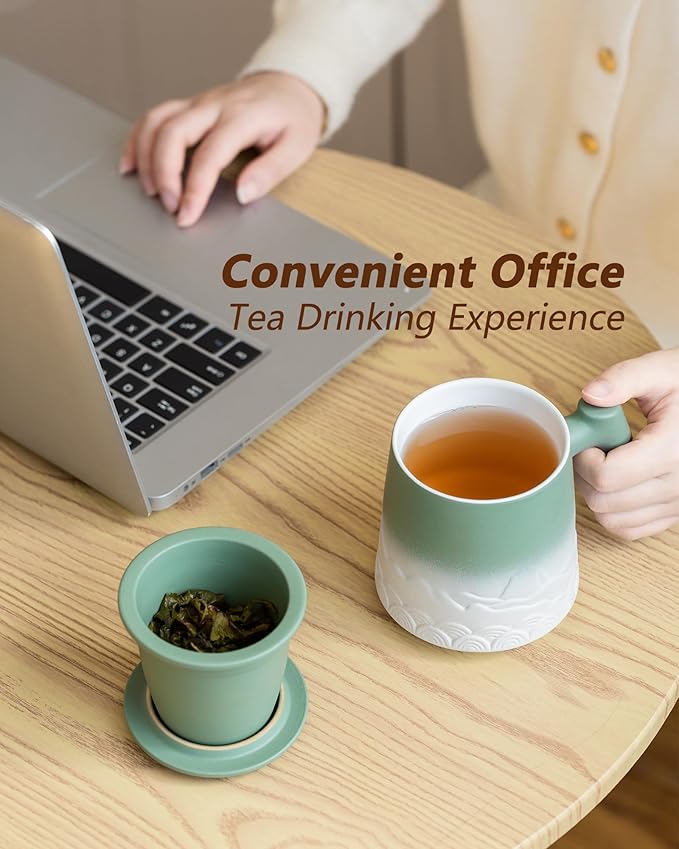 ZENS Tea Mug with Infuser and Lid for Loose Leaf Tea Steeper, 16.9 oz Embossed Ceramic Tea Cup with Fine Tea Strainers, Wood Handle Large Tea Diffusers Mugs, Tea Accessories for Tea Lovers Gifts