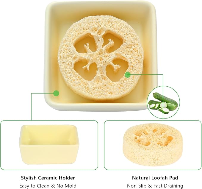 Soap Holder Square Ceramic with Natural Loofah Soap Rest, Bathroom Soap Dish Lisfting Pads, Quick Drying and Easy to Clean, Ideal for Square Soaps (Cream White)