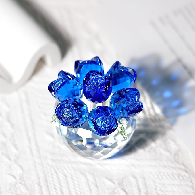 Crystal Flower Figurines - Glass Rose Home Decor - Flower Bouquet for Ladies Gifts(Blue)