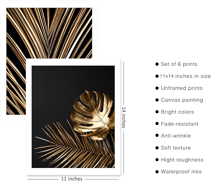 HoozGee Gold Leaf Art Prints Modern Black Gold Botanical Tropical Plant Leaves Art Wall Pictures Canvas Prints Gallery Wall Art Poster Wall Decor Bedroom Room Home Decor (11"x14" UNFRAMED)