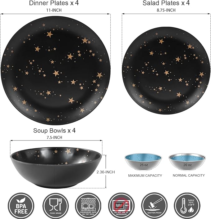 Black Melamine Dinnerware Sets - 12pcs Plates and Bowls Sets, Unbreakable Camping Dishes Set for 4, Indoor and Outdoor Use Non-breakable Dinner Set - Star