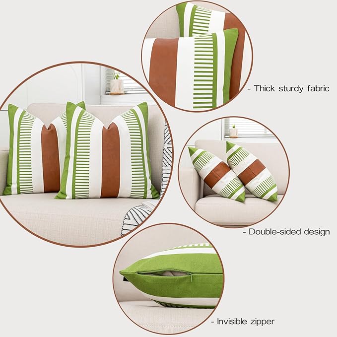 18x18 Throw Pillow Covers Set of 2 Farmhouse Rustic Pillow Case Decorative Boho Cushion Cover for Living Room Sofa Bed Couch Accent Faux Leather Pillow Cover,Grass Green