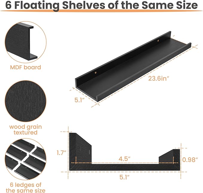 upsimples Floating Shelves for Wall, Wall Shelves for Decor Storage Set of 6, Wall Mounted Wood Shelves for Bedroom, Living Room, Bathroom, Kitchen, 23.6 inch Long Picture Ledge Shelves, Black