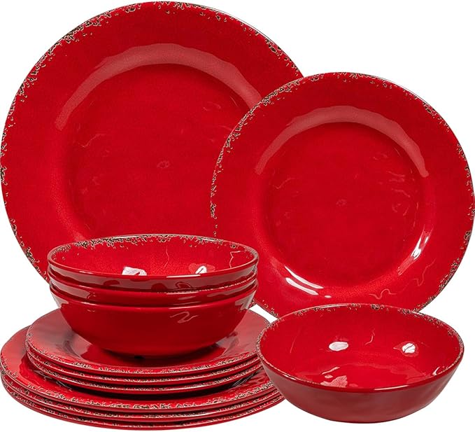 12 Piece Farmhouse Melamine Dinnerware Sets, Service For 4 Rustic Crackled Plates and Bowls Sets, Melamine Dishes Set for Christmas,Wedding, Set of 4 Camping Dishes, Red