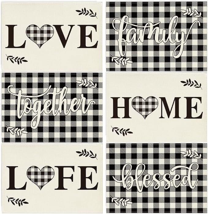Artoid Mode Love Family Together Home Buffalo Plaid Placemats Set of 6,12x18 Inch Seasonal Table Mats for Party Kitchen Dining Decoration