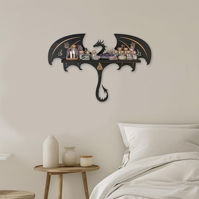 Gothic Evil Dragon Decor Crystal Display Shelf for Wall, Wooden Witchy Shelf Rock Display Case Knick Knack Organizer Trinket Holder, Wall Hanging Shelves for Essential Oil & Nail Polish