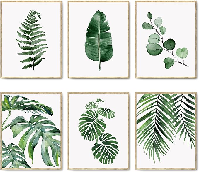 HoozGee Green Botanical Wall Art Print Set of 6 Natural Plant Leaves Home Decor Boho Leaf Bathroom Wall Art Canvas Plant Posters Leaf Art Prints Poster Set Room Decor (8"x10" UNFRAMED)