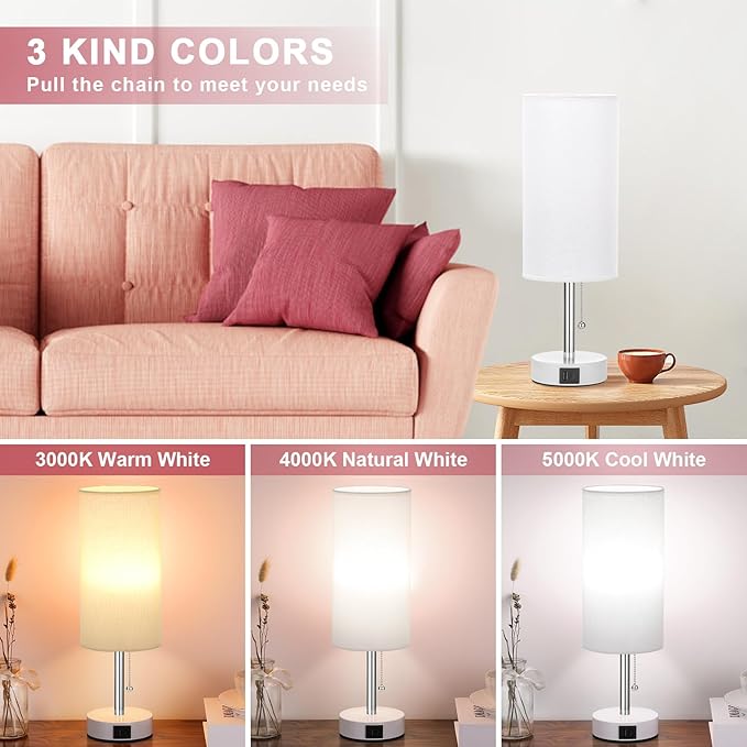 Hong-in Nightstand Lamp with 3 Color Modes - White Lamp for Bedroom with USB-C USB-A Charging Ports, 3000/4000/5000k Bedside Lamps by Pull Chain, Small Table Lamp for Bedroom, Office, Living Room