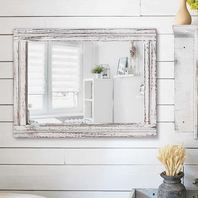 AAZZKANG Rustic Wall Mirror Rectangle Wood Framed Mirrors Large 20"x16" Decorative for Bedroom Bathroom Living Room Farmhouse Home Entryway Hanging White
