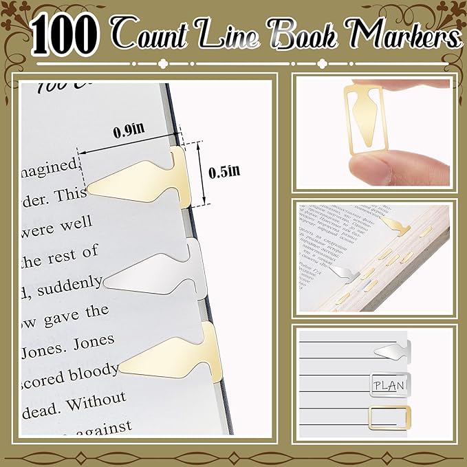 100 Count Tin Mixed Metals Book Line Markers Arrow Bookmarks and Page Markers in Gold and Silver for Reading Teachers Students Book Lovers School and Work
