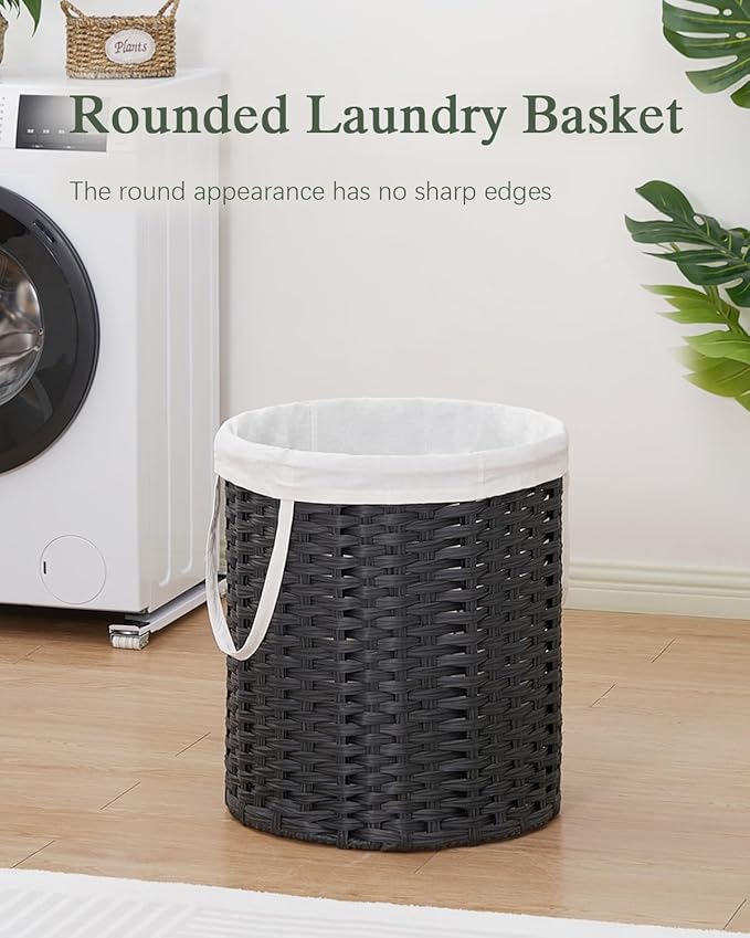 Laundry Hamper Round Laundry Basket 26.5 Gal (100L) Rattan Laundry Hamper, Handwoven Wicker Laundry Basket with Handles Removable Laundry Bag 2 Mesh Bags for Bedroom Laundry Room Black