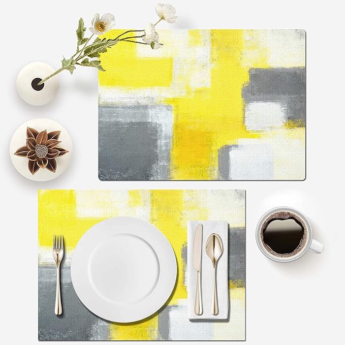 Mcalk Yellow Table Runner and Placemats Set of 6 Pieces, Grey Placemats Modern Art,Abstract Art Cloth Place Mats Indoor for Kitchen,Washable Placemats Linen Material for Dining Table